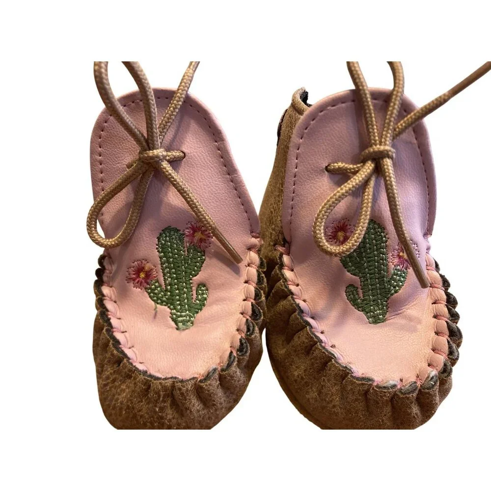 Old West Baby Moccasins With Cactus Embroidery & Soft Soles Pink & Brown Size 4